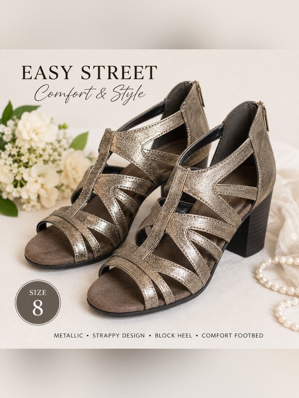 Easy Street Metallic Pewter Strappy Block Heel Women's Comfort Sandals Size 8